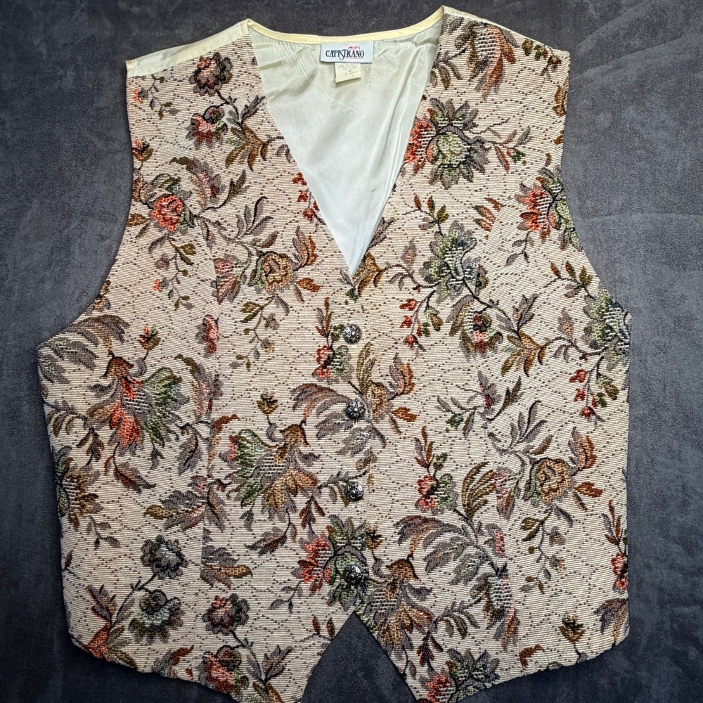 VTG Capistrano Tapestry Vest Women 2X Beige Floral Cotton Blend Button Front USA